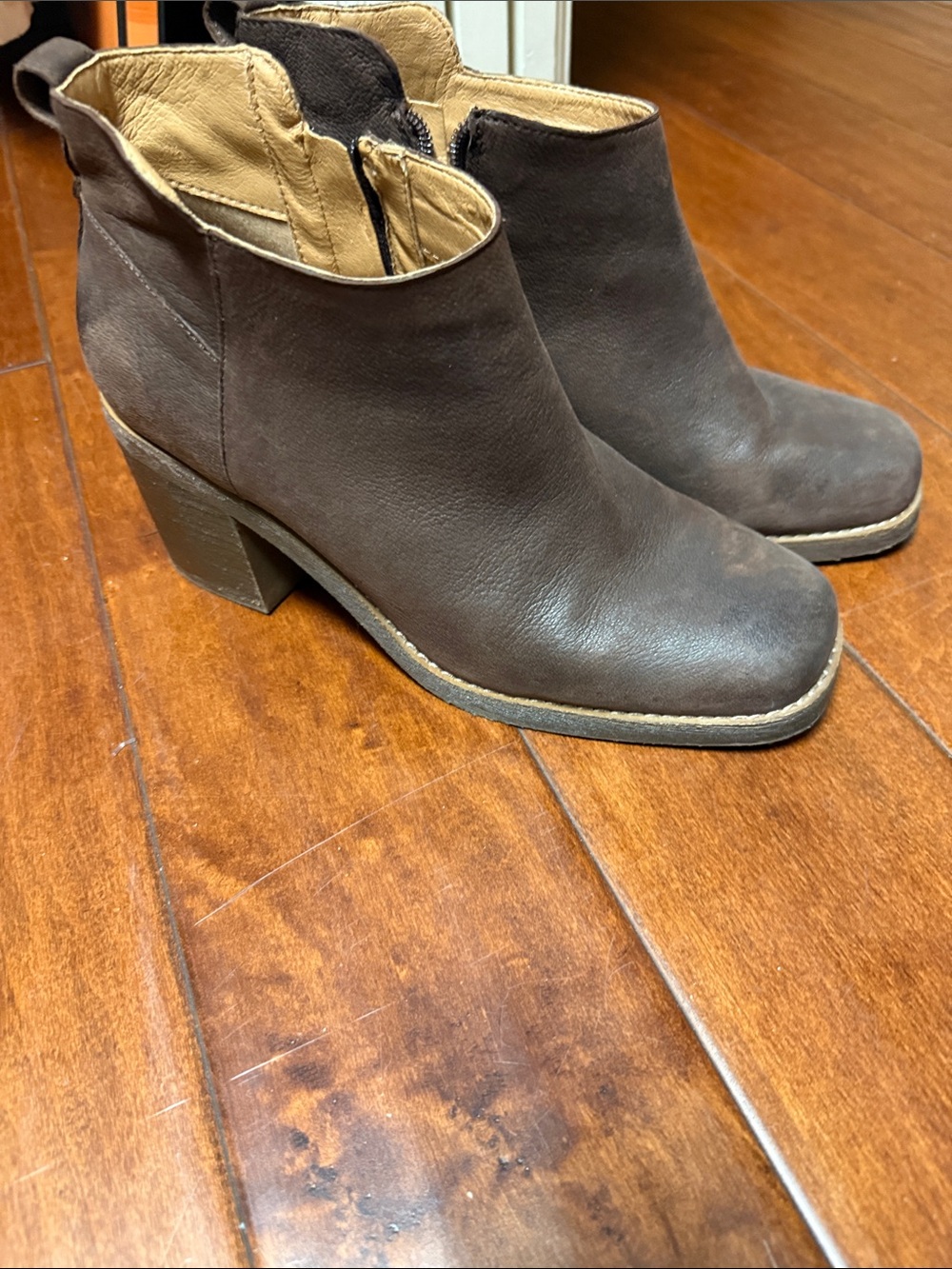 Crown Vintage Dark Brown Leather Ankle Booties with Block Heel